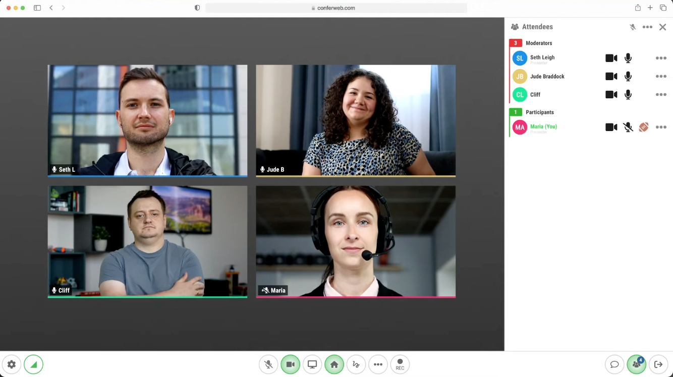Web Conferencing Interface - Professional video meeting interface showing multiple participants with moderator controls